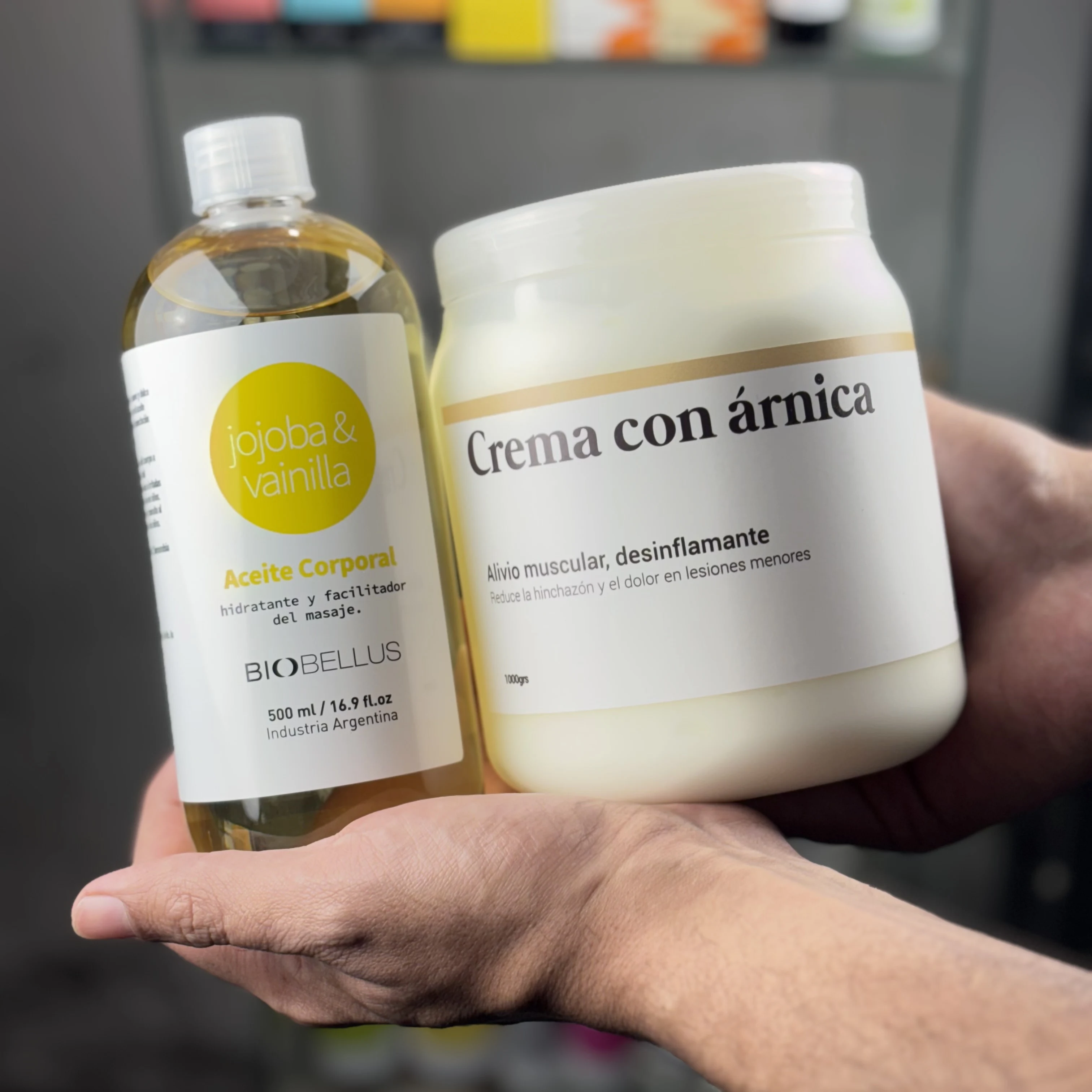 Combo Crema Masajes Árnica x1kg + Aceite Masajes Jojoba y Vainilla x500cc Relajación e Hidratación