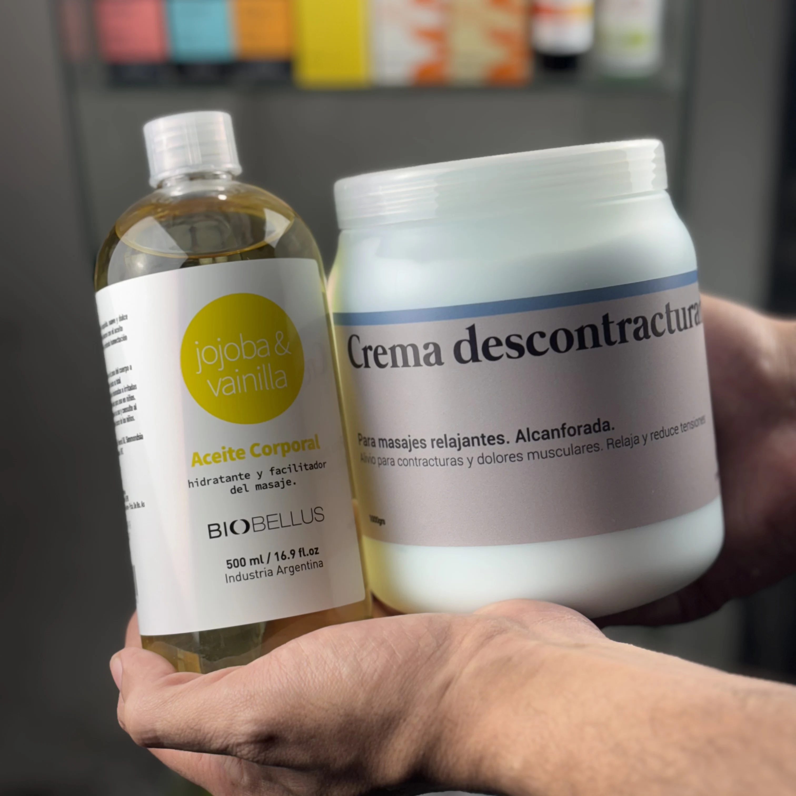 Combo Aceite Jojoba y Vainilla Biobellus x500cc + Crema Descontracturante Dermabella x1kg Hidratación y Alivio Muscular