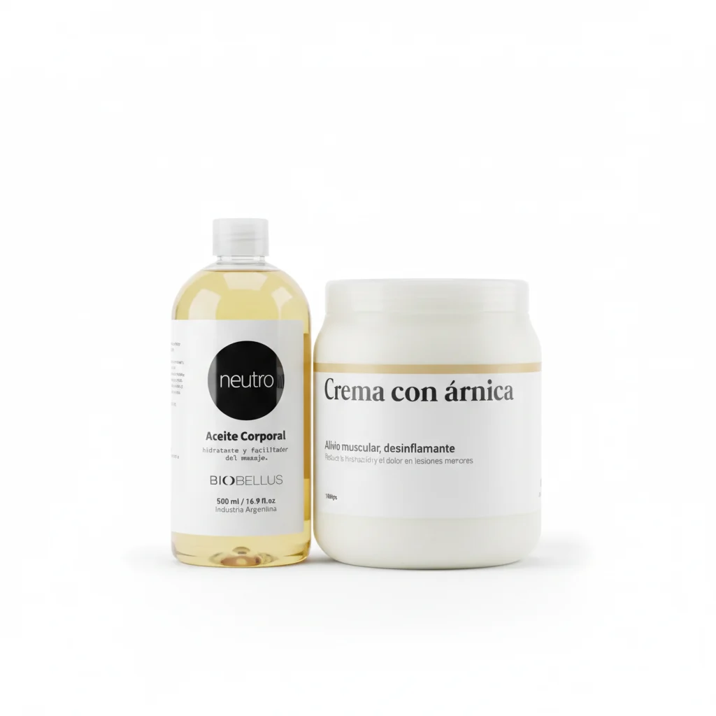 Combo Crema Masajes Árnica x1kg Dermabella + Aceite Corporal Neutro x500cc Biobellus Recuperación Muscular