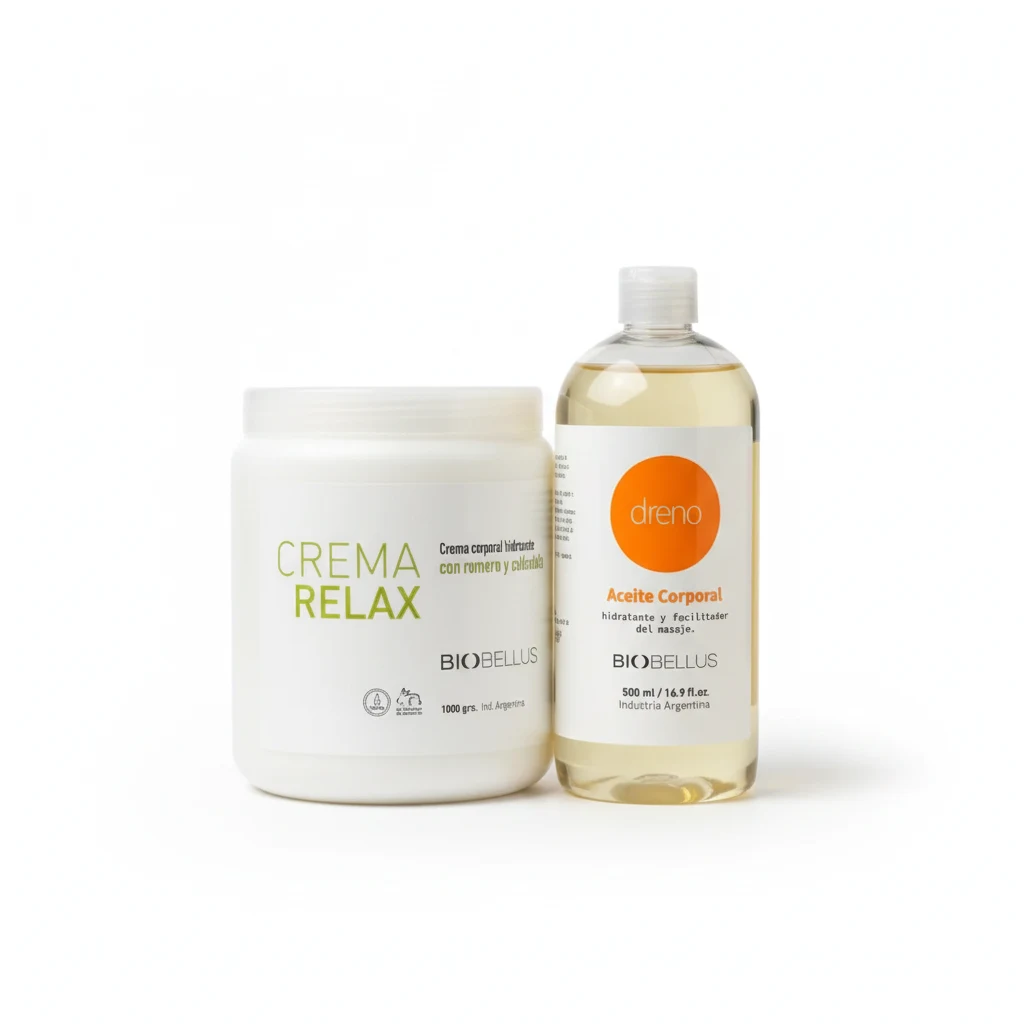 Combo Crema Relax x1kg + Aceite Masajes Dreno Circulatorio x500cc Biobellus Piernas Cansadas