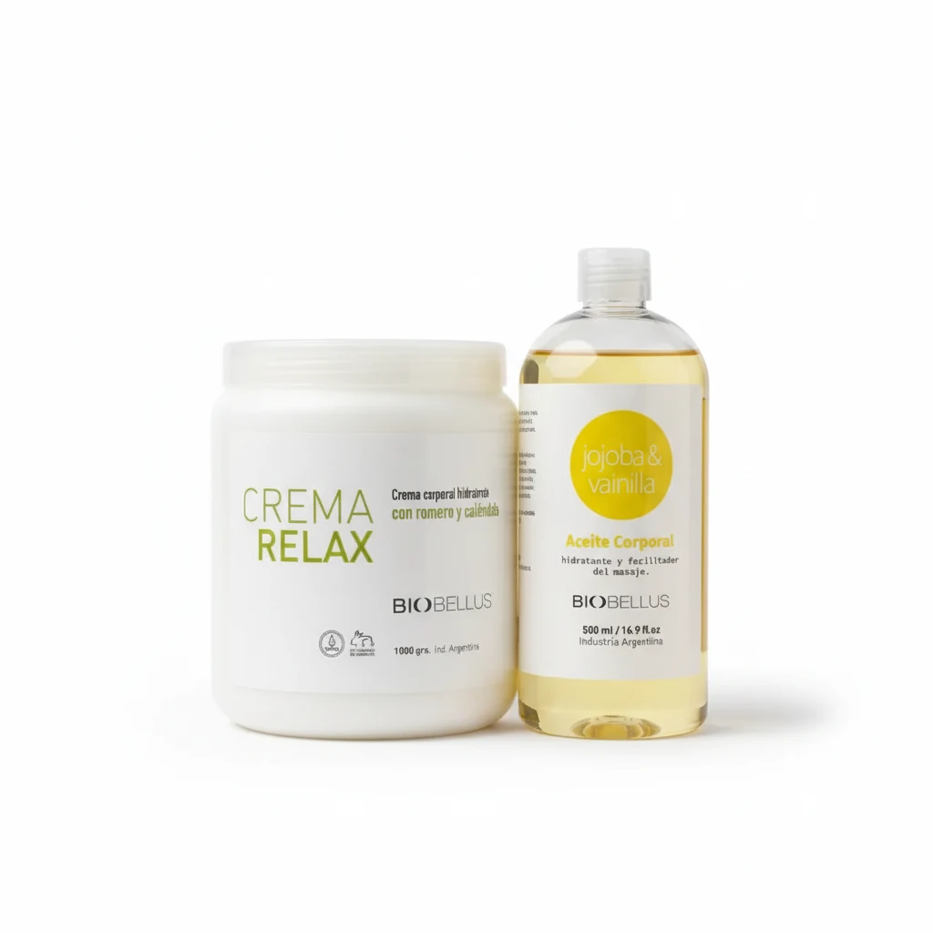 Combo Crema Relax x1kg + Aceite Jojoba y Vainilla x500cc Biobellus Masajes Aromáticos