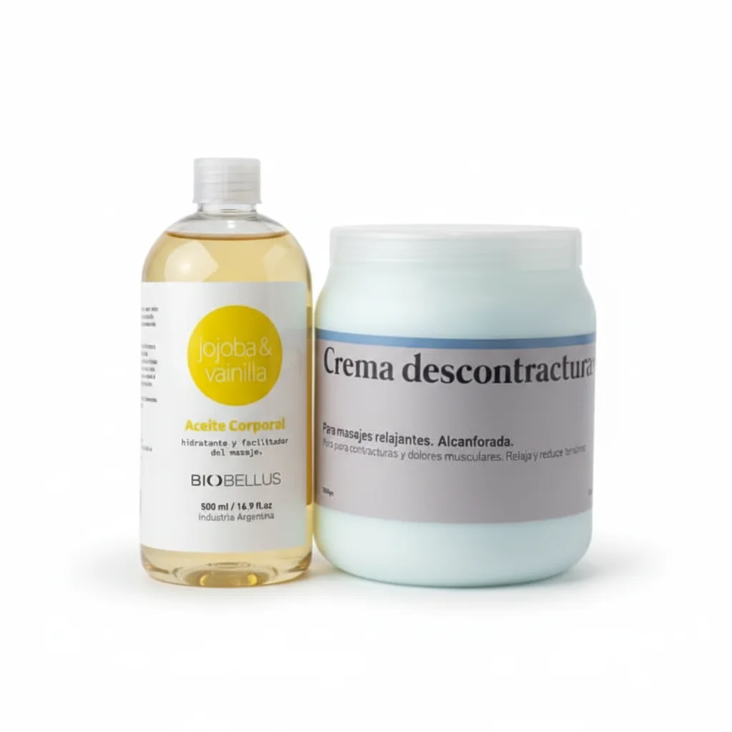 Combo Aceite Jojoba y Vainilla Biobellus x500cc + Crema Descontracturante Dermabella x1kg Hidratación y Alivio Muscular