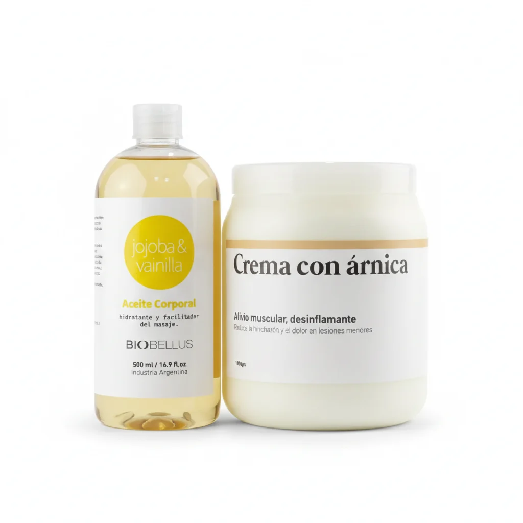 Combo Crema Masajes Árnica x1kg + Aceite Masajes Jojoba y Vainilla x500cc Relajación e Hidratación