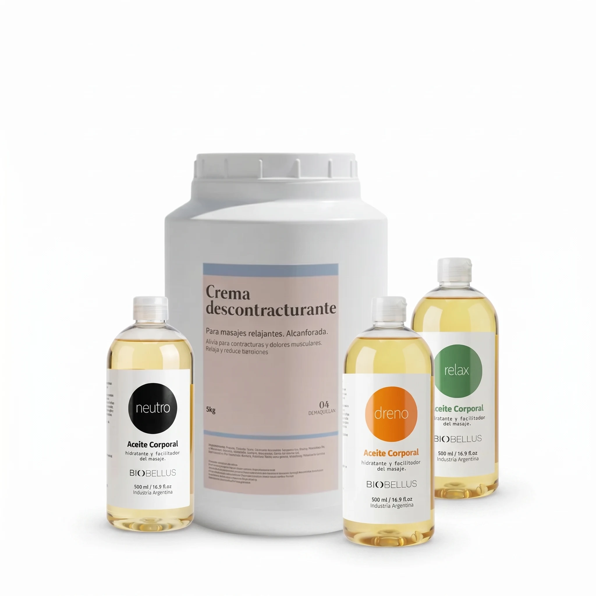 Combo Descontracturante x5kg + Aceites Corporales (Relax, Neutro, Dreno x500cc)