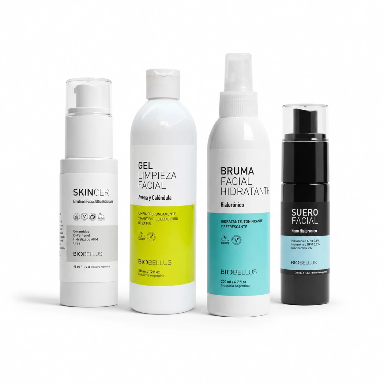 Combo Gel Avena y Caléndula 300ml + Bruma Hialurónico 200ml + Suero Nano Hialurónico 30cc + Skincer Ultra Hidratante 50grs Hidratación Facial