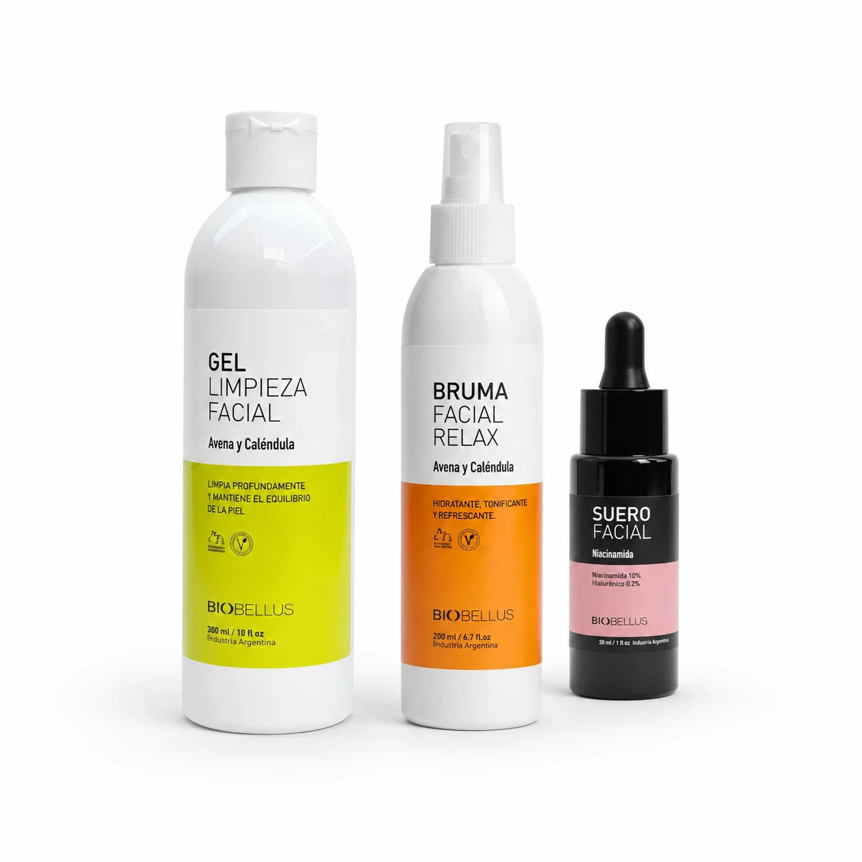 Combo Gel De Limpieza Avena Y Calendula 300ml + Bruma Facial Relax 200ml + Suero Facial Niacinamida 30cc