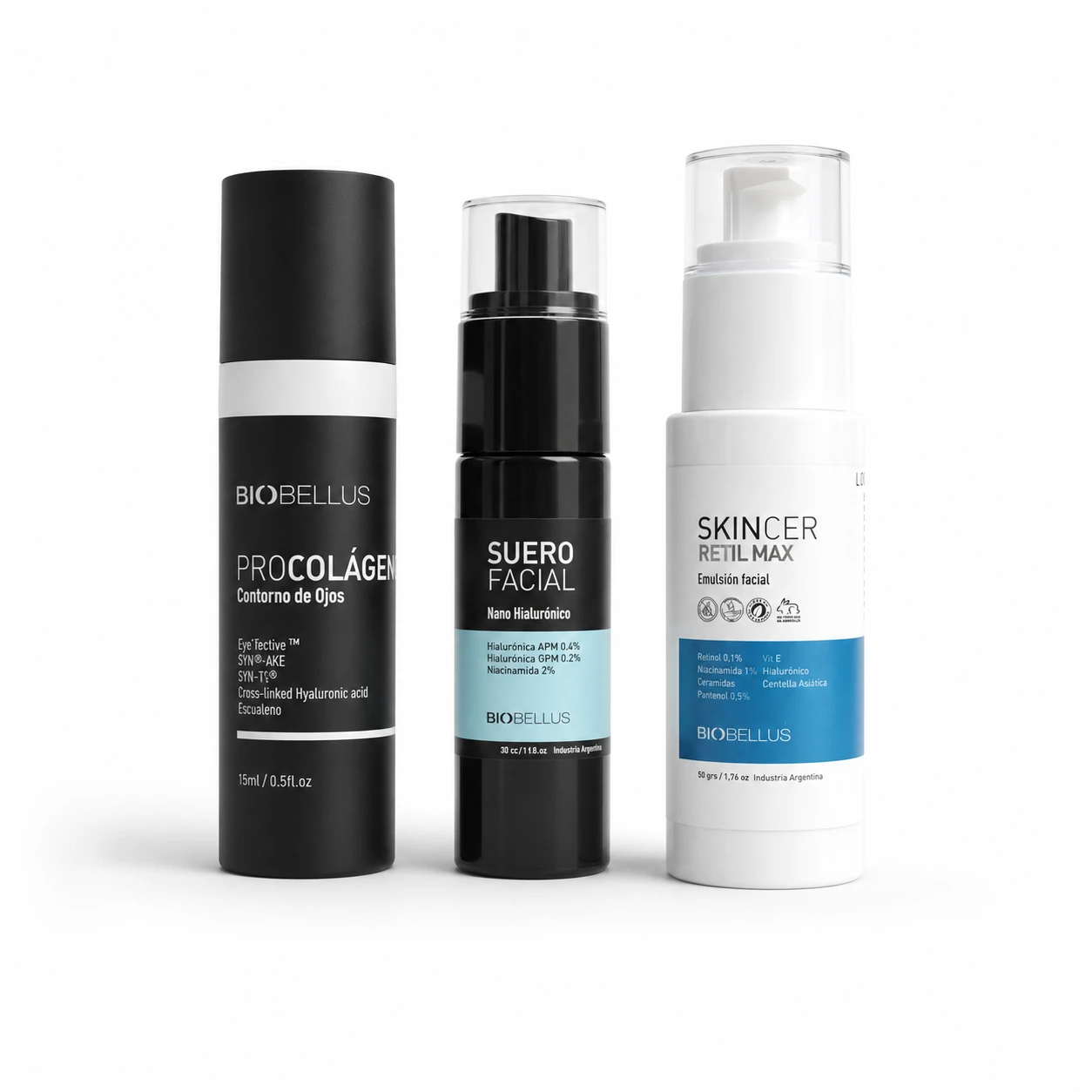 Combo Contorno de Ojos Procolágeno 15ml + Suero Facial Nano Hialurónico 30cc + Skincer Retilmax Facial 50grs