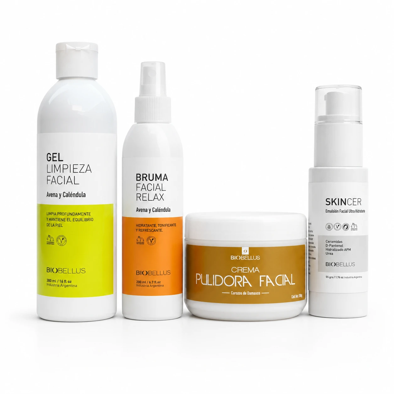 Combo Limpieza Facial Biobellus: Gel + Bruma Relax + Crema Pulidora + Skincer 50grs