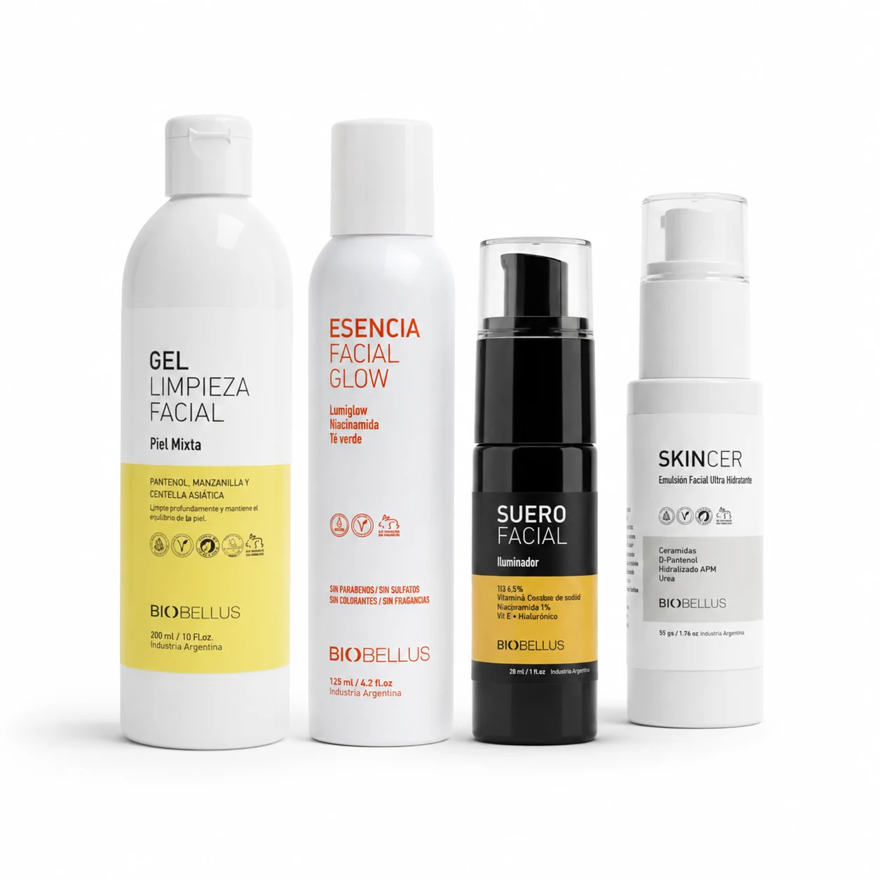 Combo Glow Gel Piel Mixta 300ml + Esencia Glow 125ml + Suero Iluminador 30cc + Skincer Ultra Hidratante 50grs