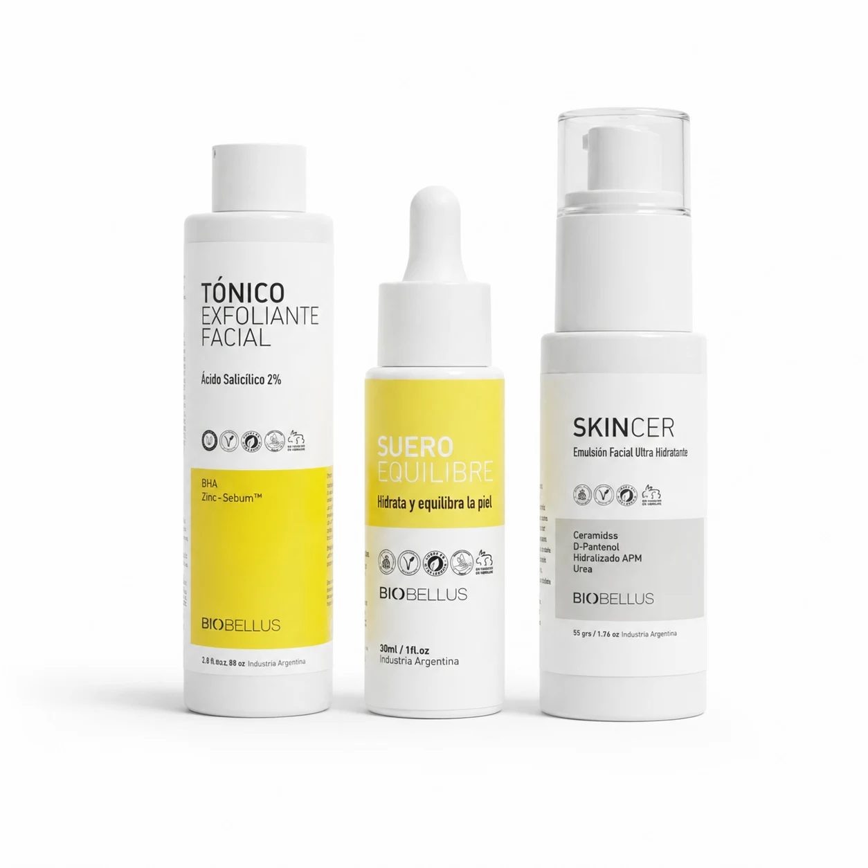 Combo Tonico Exfoliante Facial 100cc + Suero Equilibre 30cc + Skincer Facial Ultra Hidratante 50grs