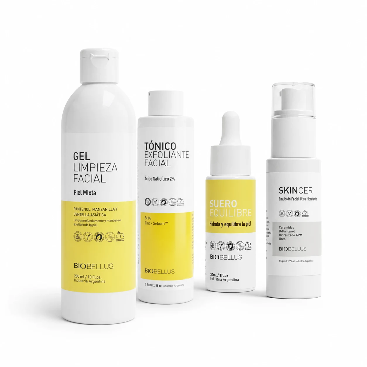 Combo Piel Mixta Gel de Limpieza 300ml + Tónico Exfoliante 100cc + Suero Equilibre 30cc + Skincer Ultra Hidratante 50grs
