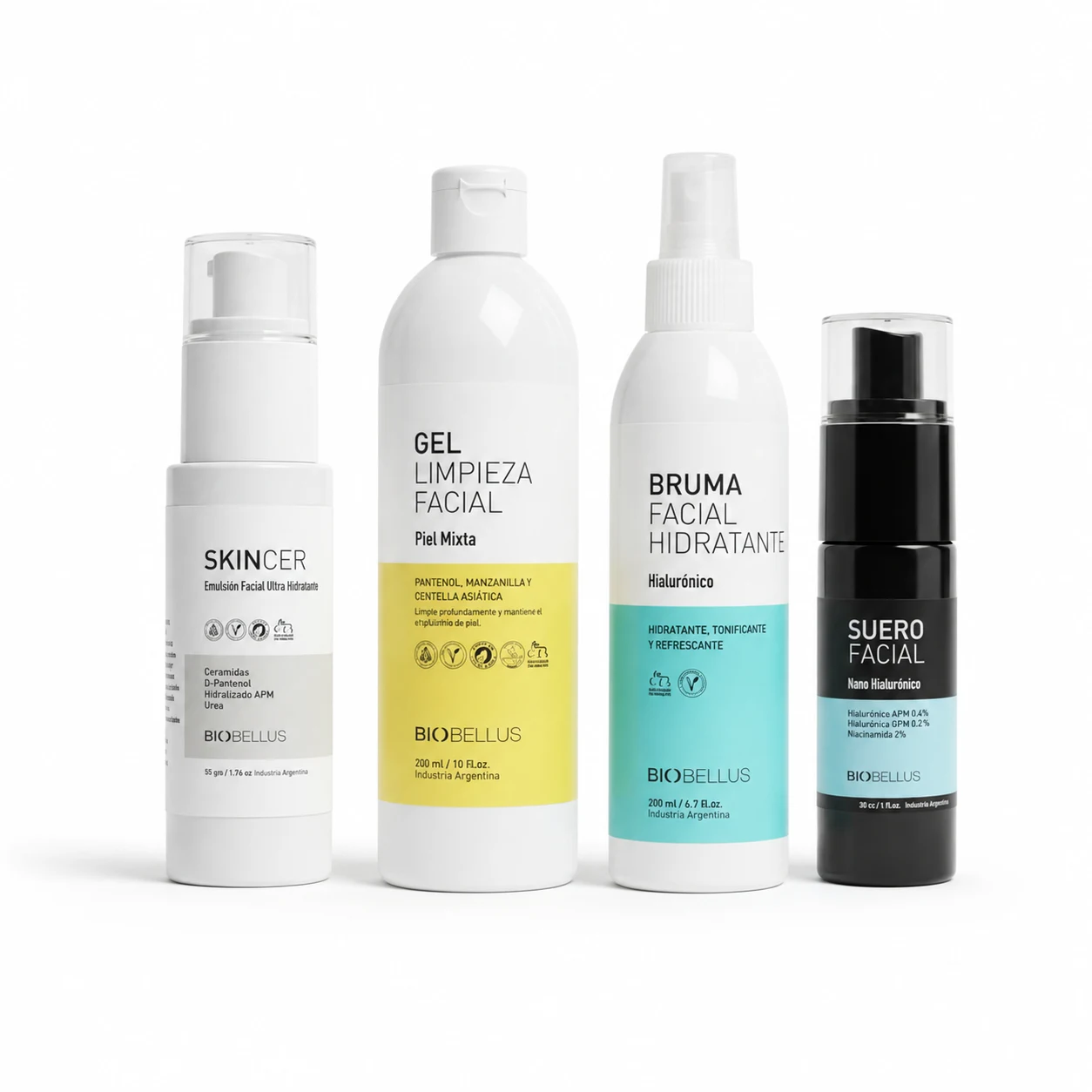 Combo Piel Mixta Gel de Limpieza 300ml + Bruma Hialurónico 200ml + Suero Nano Hialurónico 30cc + Skincer Ultra Hidratante 50grs