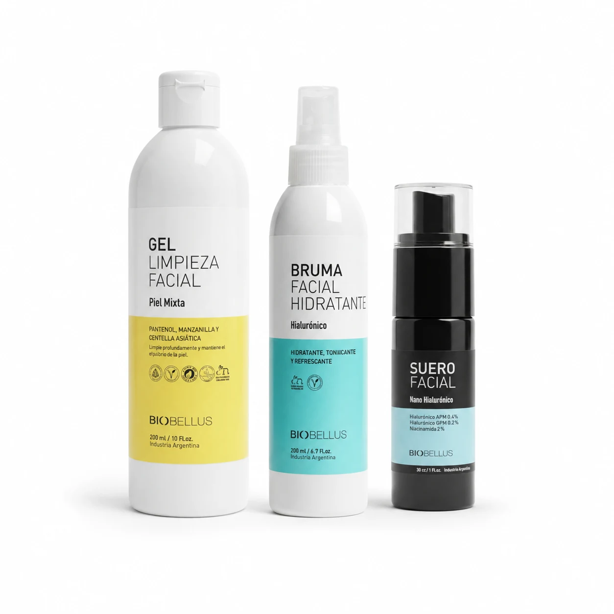 Combo Piel Mixta Gel de Limpieza 300ml + Bruma Facial Hialurónico 200ml + Suero Nano Hialurónico 30cc
